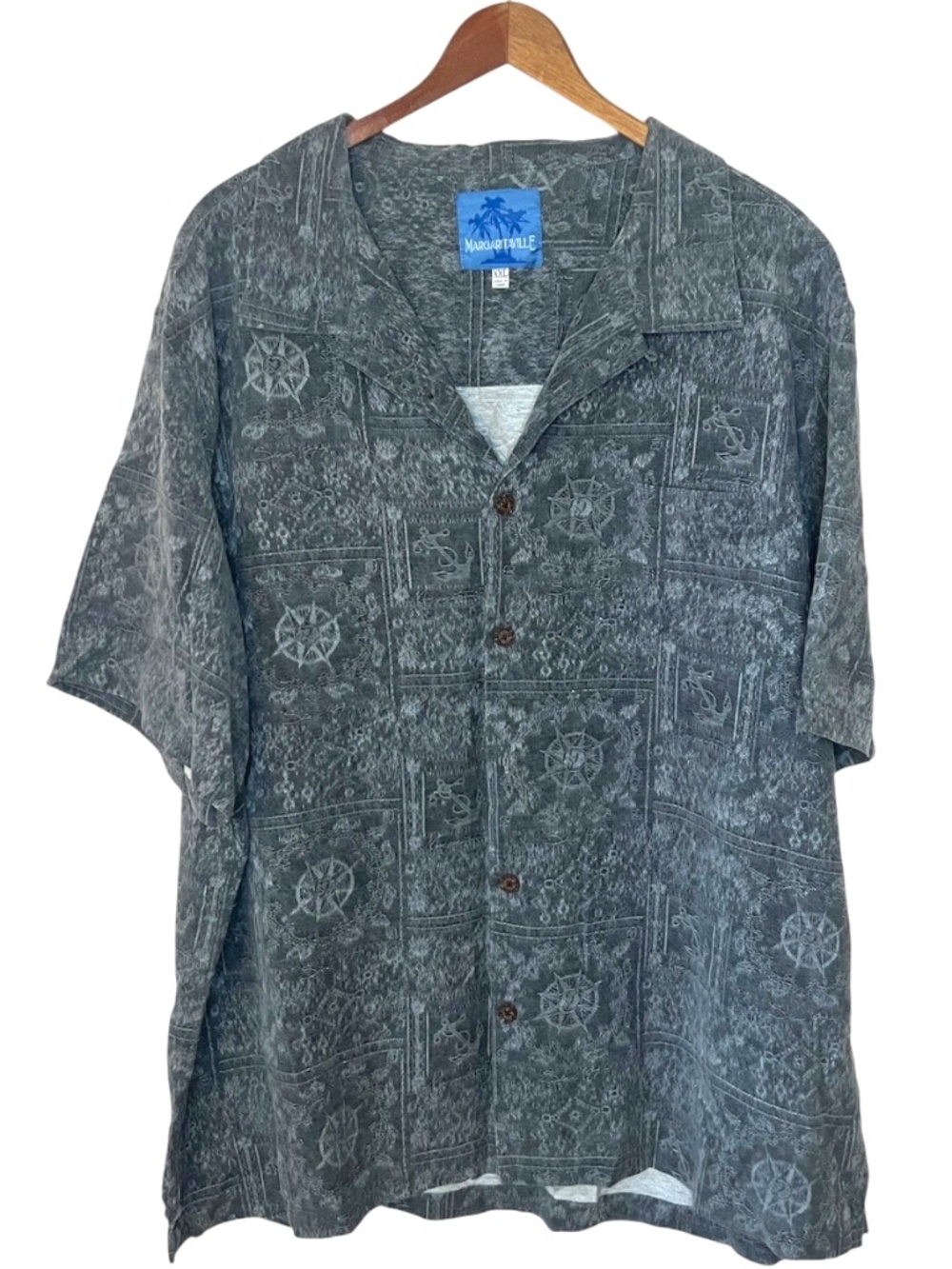 Men's Margaritaville Silk Nautical Anchor Compass Charcoal Button Up Shirt XXL